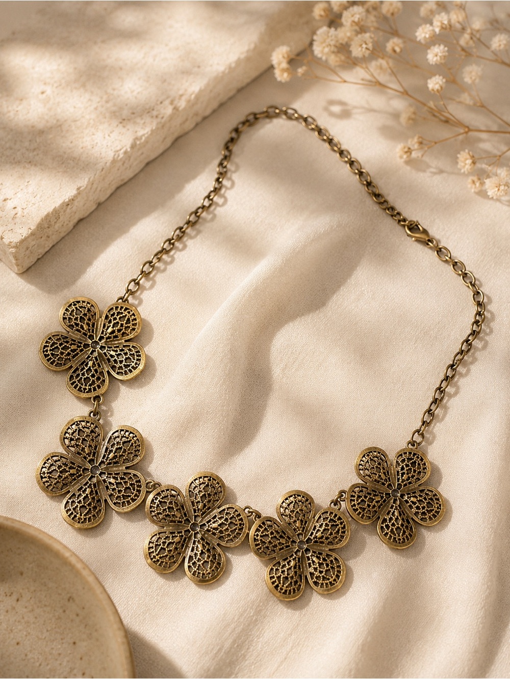 Vintage-Inspired Gold Flower Statement Necklace